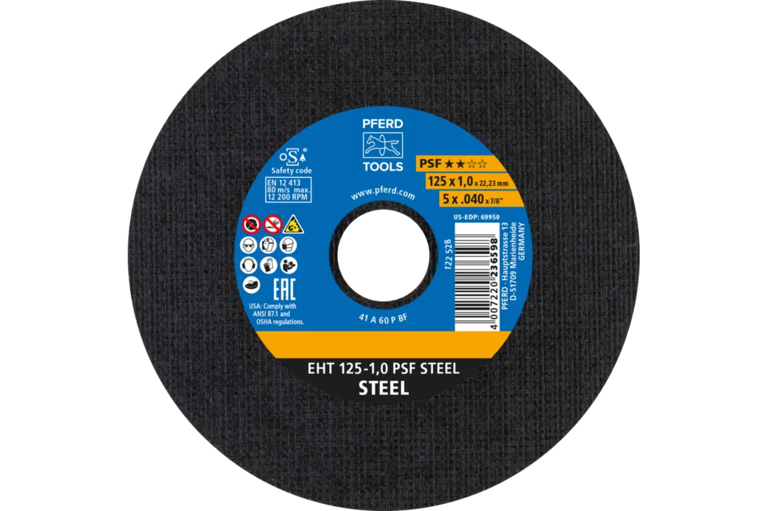 Picture of Pferd Cut-Off Wheel, 5" X .040 X 7/8, Psf Steel, T1, Aluminum Oxide